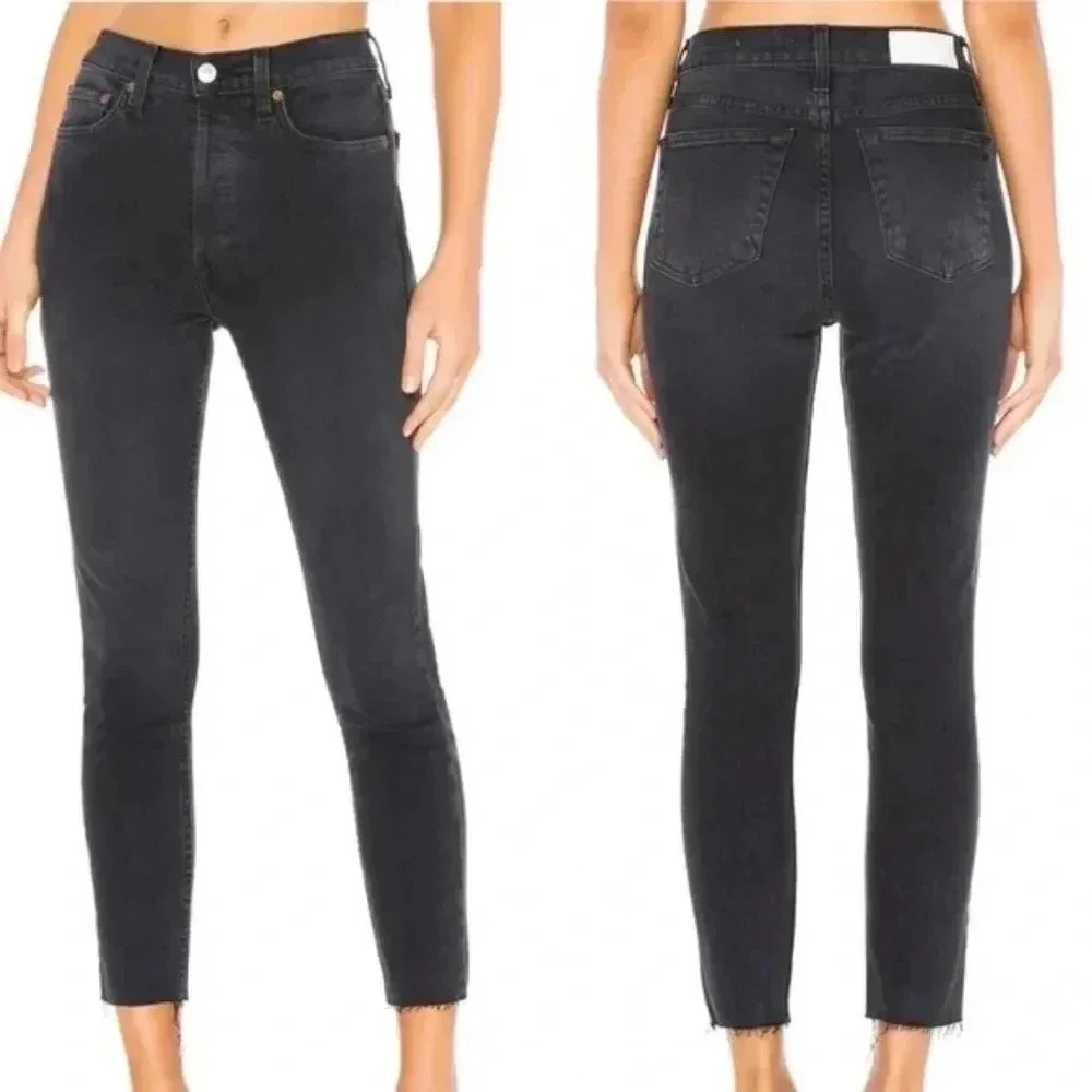 5/$100 REDONE Originals High Rise Ankle Raw Hem Crop Faded Black Jeans